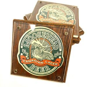 Wood drink coasters Moosehead Canadian lager beer set of 5
